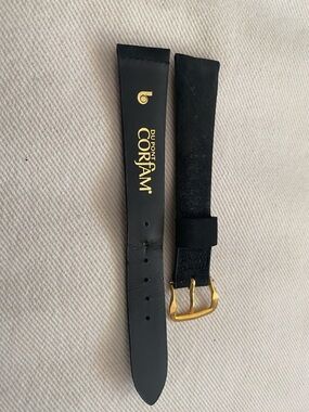 DuPont Corfam Black Leather Watch Strap with Gold Buckle vintage 16mm Sue